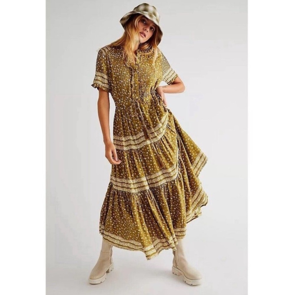 Free People Rare Feeling Maxi Dress Green Kiwi Combo Cottagecore Womens‎ Size XS